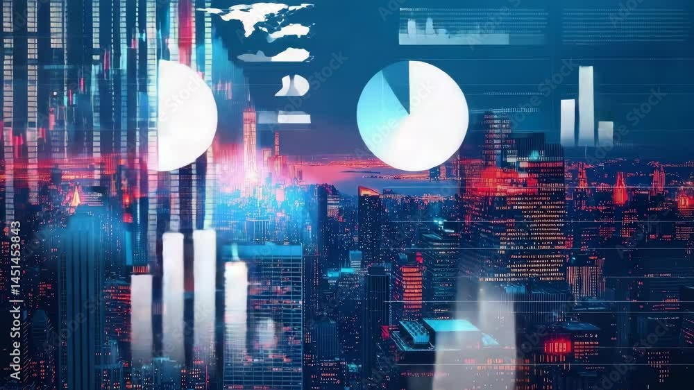 Double exposure of the New York City skyline blended with stock and cryptocurrency charts showing rises and falls, symbolizing modern financial markets in a dynamic, high-detail style.
