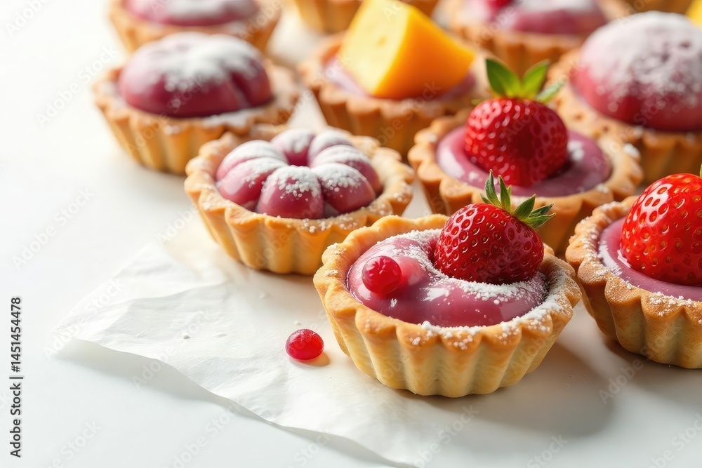 Assorted pastries, fruit tarts, on white surface , high-resolution, delicious, white Assorted pastries, fruit tarts, on white surface , high-resolution, delicious, white