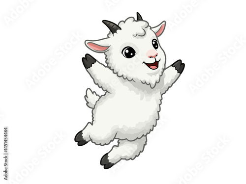 A Cheerful Cartoon Goat Depicted In A Playful Vector Style Leaps With Joy And Excitement Against A Clean White Backdrop Creating A Lighthearted And Whimsical Visual Narrative It Has Black Hooves