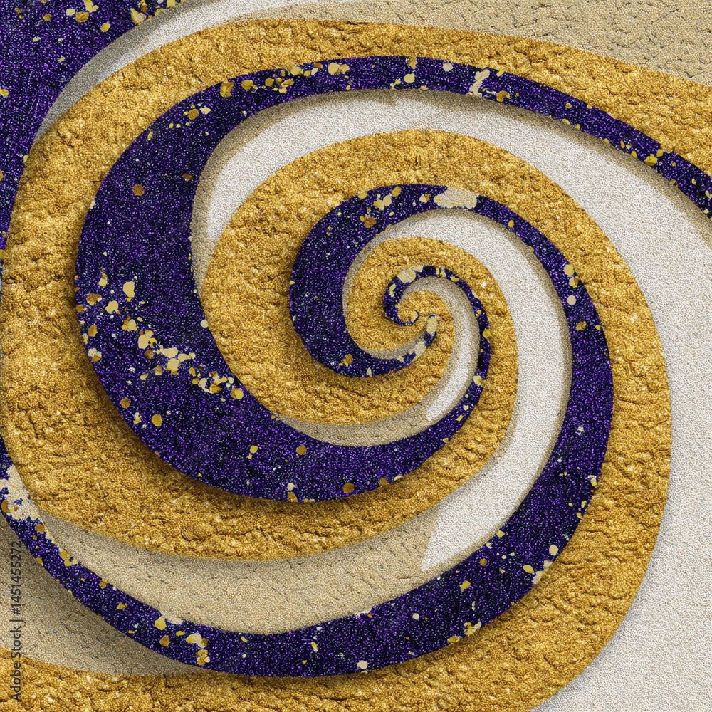 Colorful spiral design with gold and purple textures on a subtle background.