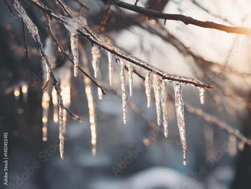 Macro photo of icicles forming on tree branches