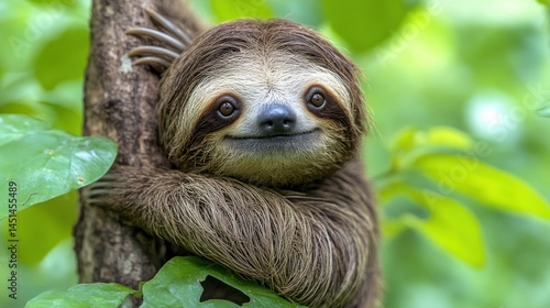 Close-up portrait of a cute smiling sloth clinging to a tree trunk