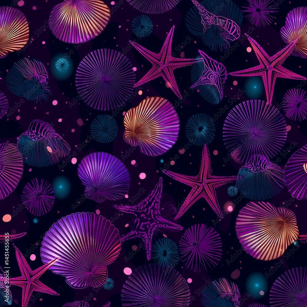 Colorful sea shells and stars on a dark background, perfect for marine-themed designs.