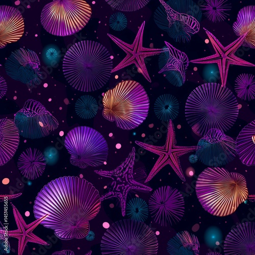 Obraz na płótnie Colorful sea shells and stars on a dark background, perfect for marine-themed designs. w salonie