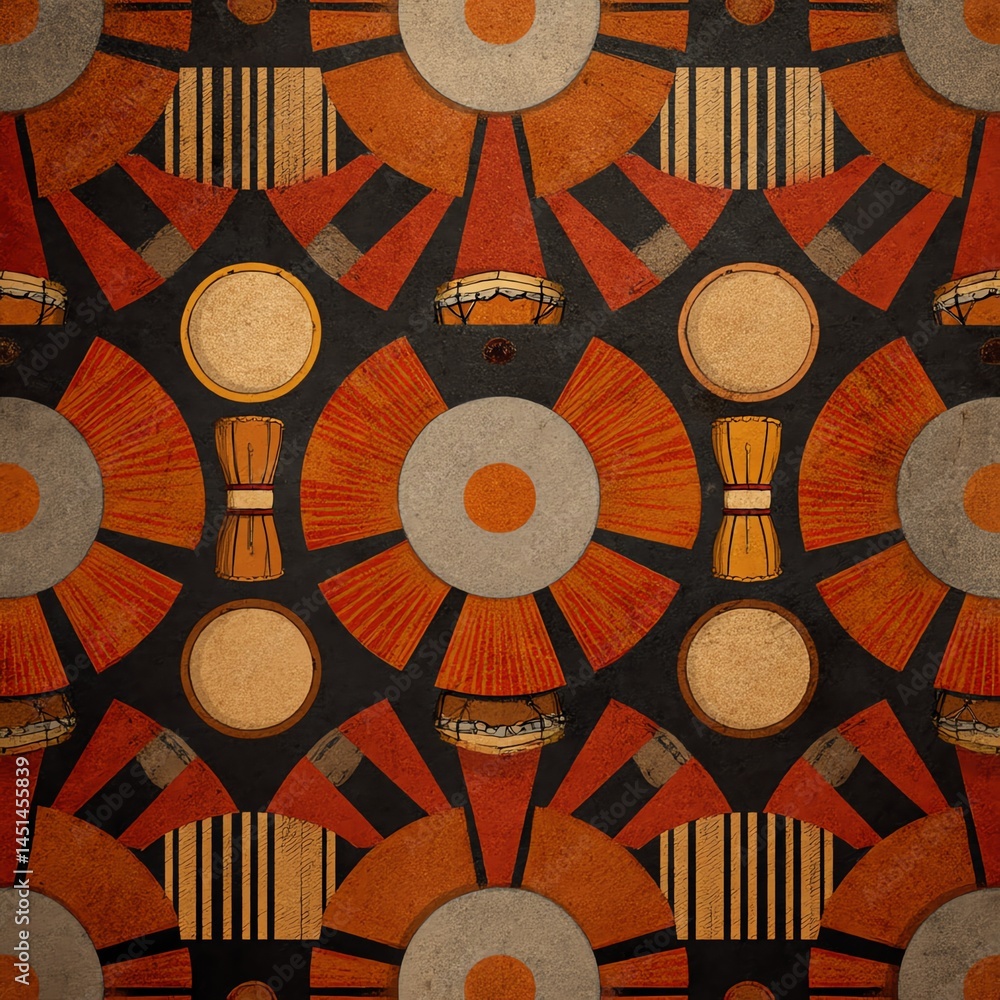 Colorful geometric pattern featuring drums and circular shapes.