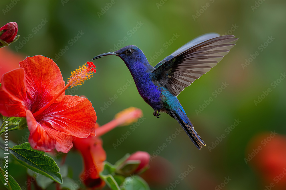 Obraz premium Violet Sabrewing Hummingbird Flying Next to Red Flower – Tropical Costa Rica Wildlife