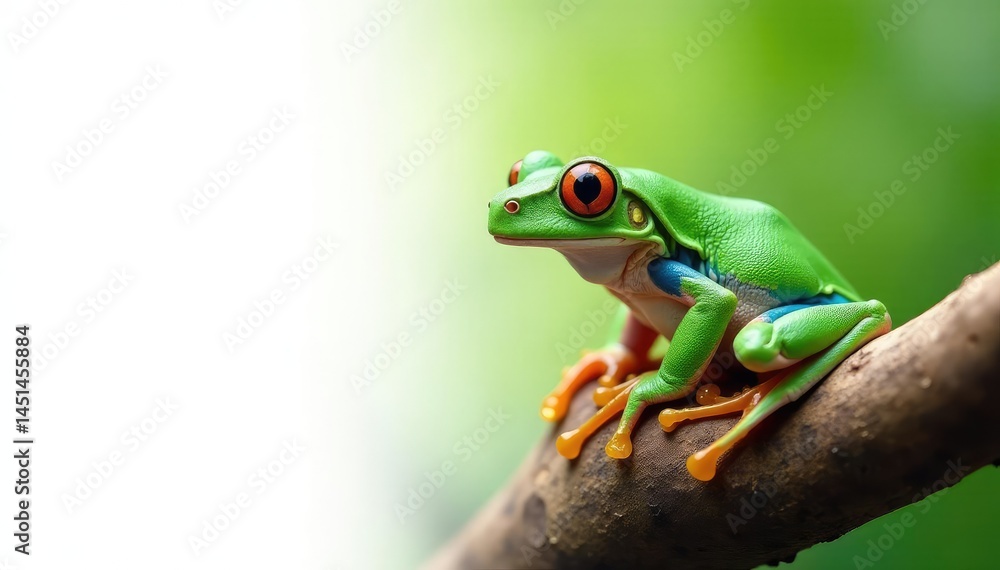 Naklejka premium Green tree frog perched on white, vibrant colors, nature, zoology