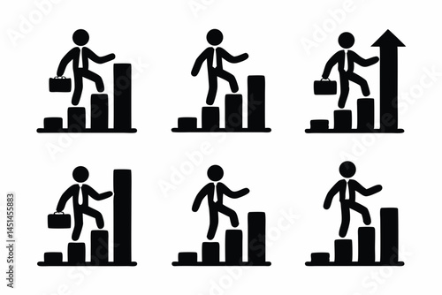 set of Businessman Climbing Bar Graph icon silhouette vector illustration