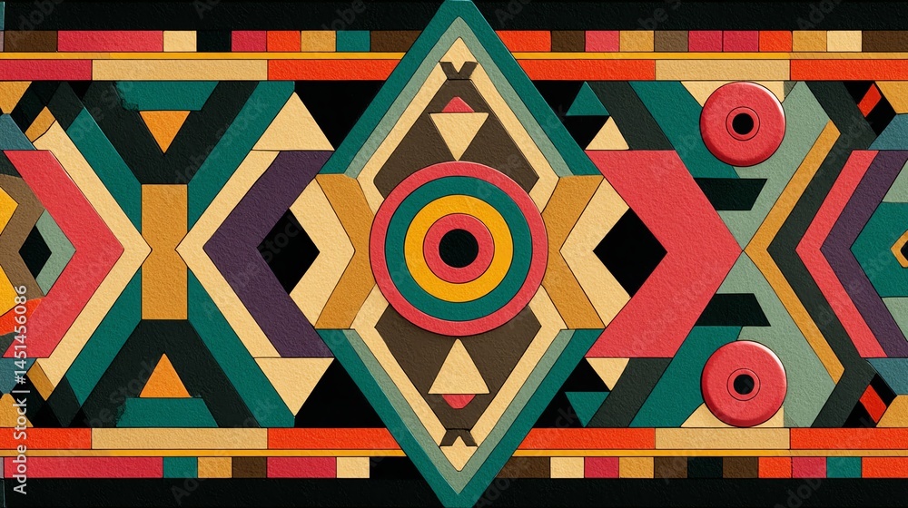 Colorful geometric pattern with vibrant shapes and bold colors on a black background.