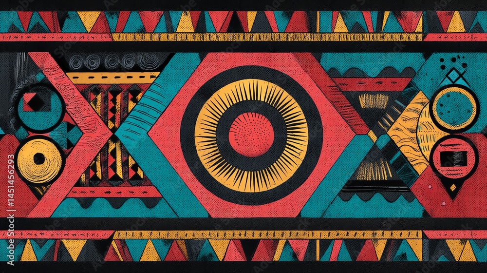 Colorful geometric pattern with bold shapes and vibrant colors.