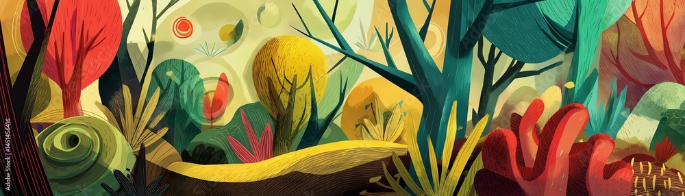 Colorful forest scene with vibrant trees and whimsical foliage.