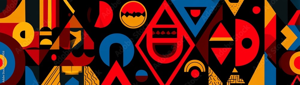 Colorful geometric pattern with red, blue, and yellow shapes on black background.