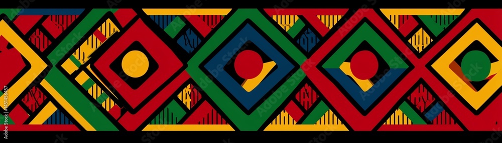 Colorful geometric pattern on a black background, vibrant and eye-catching.