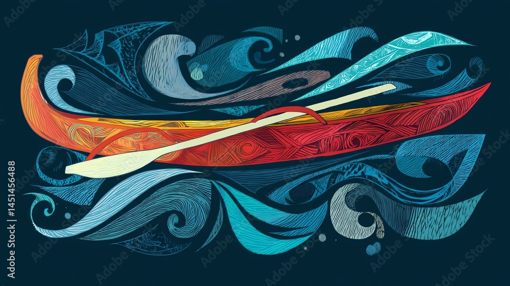 Colorful kayak on stylized waves, artistic representation, vivid colors.