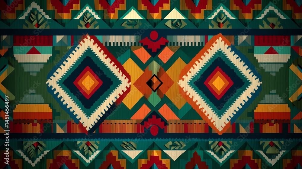 Colorful geometric pattern with vibrant shapes on a textured background.