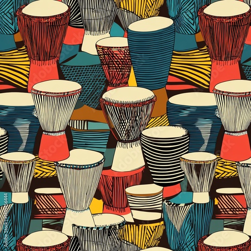 Colorful pattern of various drums on a dark background.