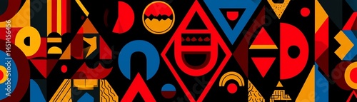 Obraz na płótnie Colorful geometric pattern with red, blue, and yellow shapes on black background. w salonie