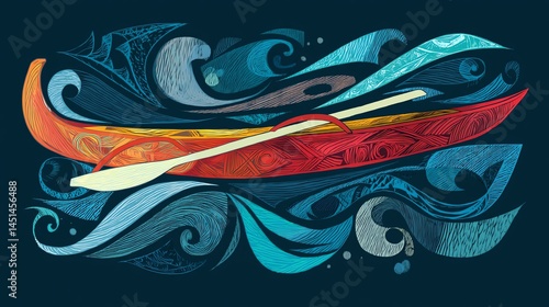 Obraz na płótnie Colorful kayak on stylized waves, artistic representation, vivid colors. w salonie
