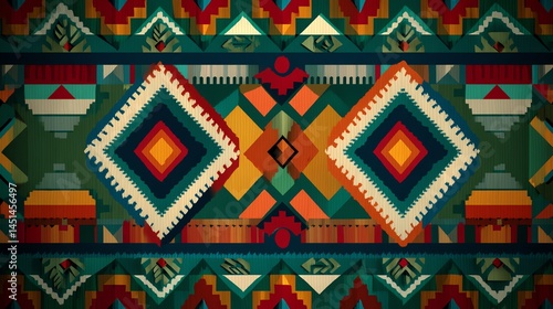 Colorful geometric pattern with vibrant shapes on a textured background.