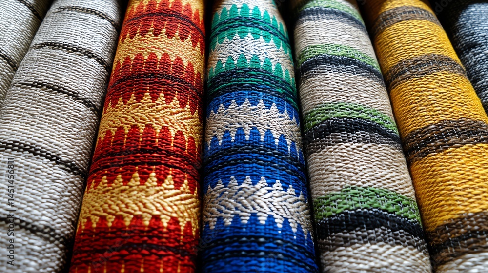 Colorful textile rolls with intricate patterns, perfect for design inspiration.