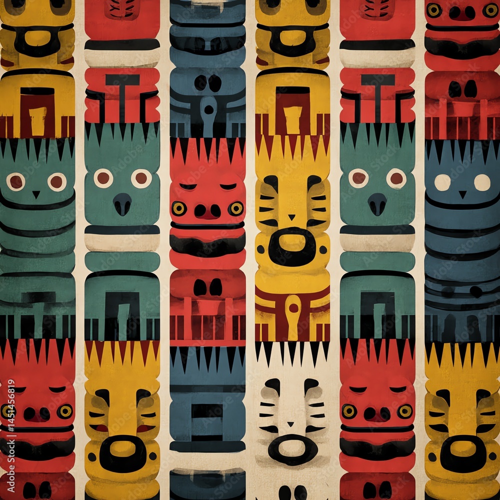 Colorful totem poles with vibrant patterns on a neutral background.