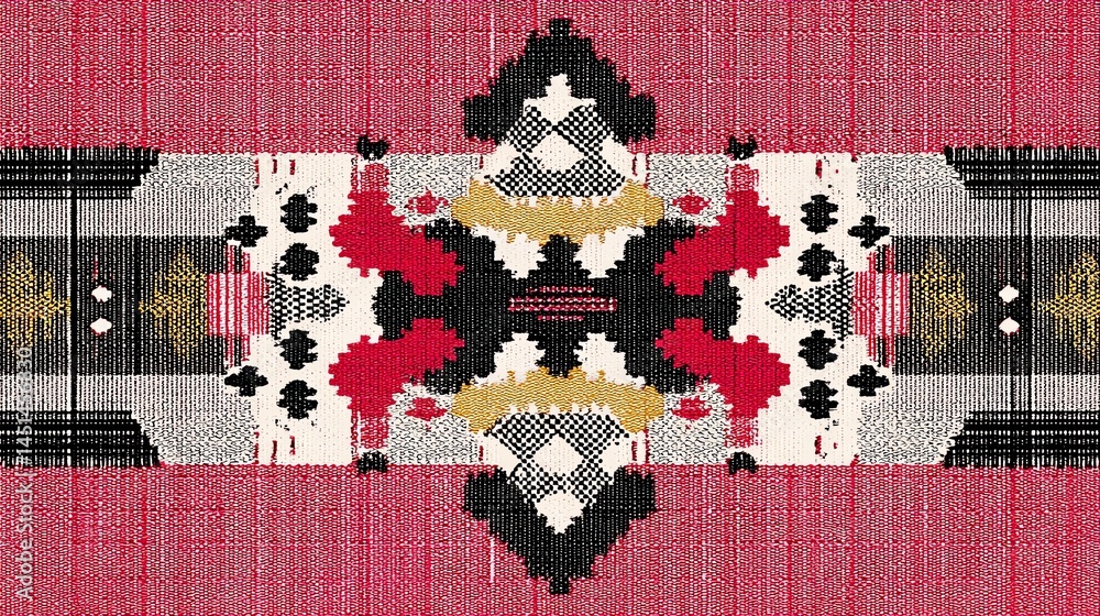 Colorful textile pattern with intricate designs on a bold background.