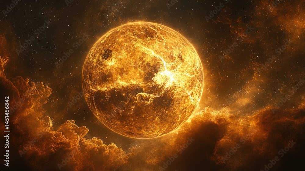Obraz premium A breathtaking cosmic view of a glowing planet surrounded by vibrant clouds and twinkling stars in a rich, fiery palette