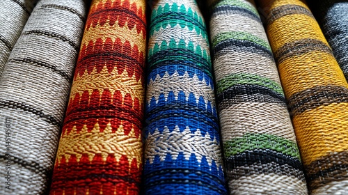 Colorful textile rolls with intricate patterns, perfect for design inspiration.