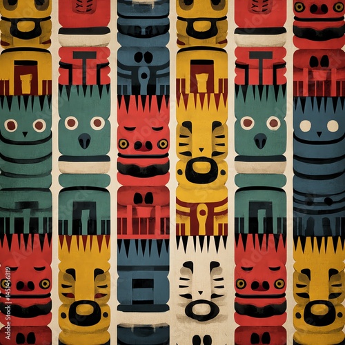 Obraz na płótnie Colorful totem poles with vibrant patterns on a neutral background. w salonie