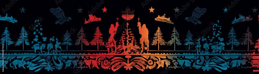 Colorful festive pattern with trees and animals on a black background.