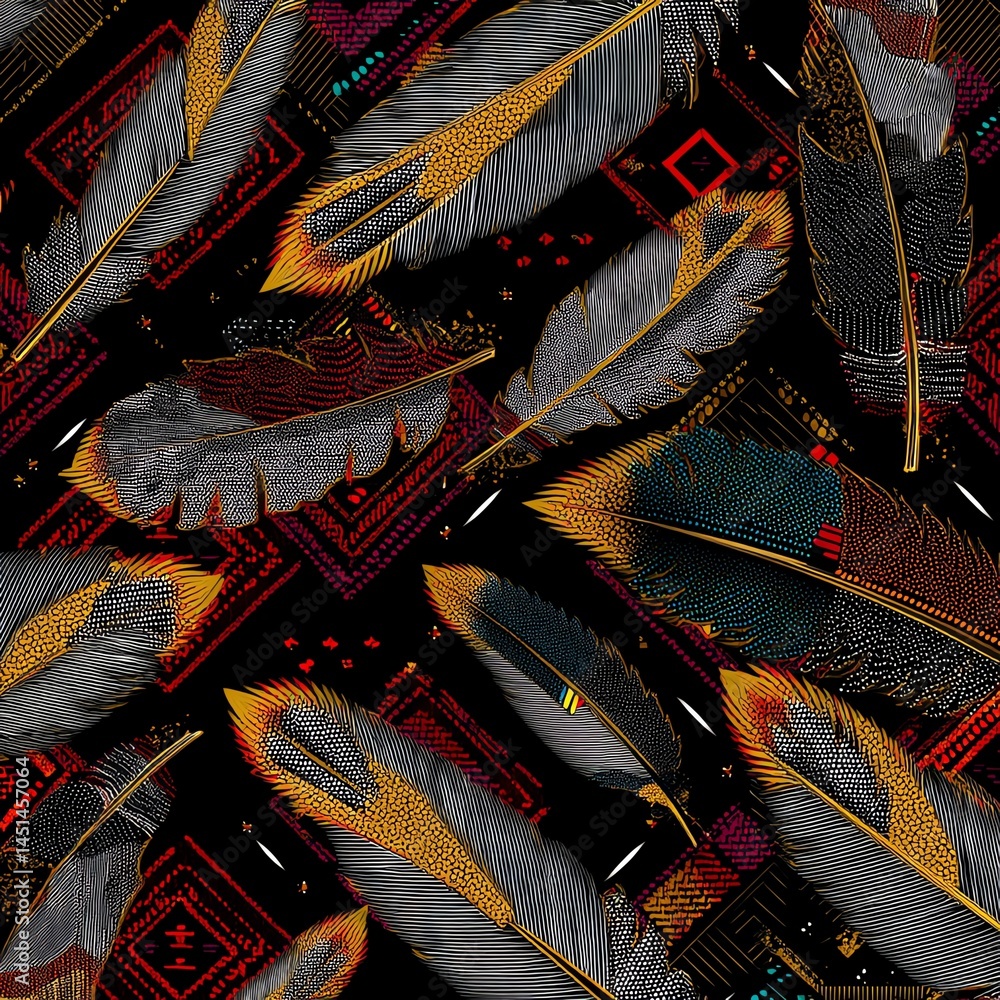 Colorful feather pattern on a dark background, vibrant and stylish design.