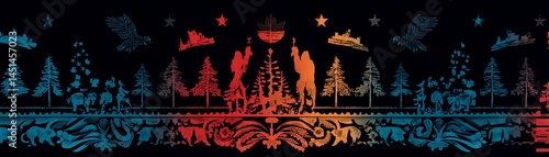 Obraz na płótnie Colorful festive pattern with trees and animals on a black background. w salonie