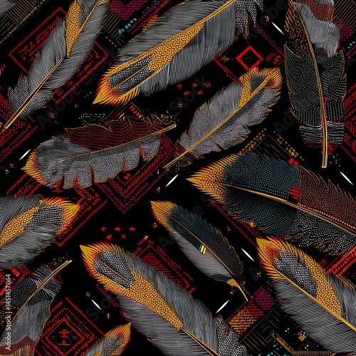 Obraz na płótnie Colorful feather pattern on a dark background, vibrant and stylish design. w salonie
