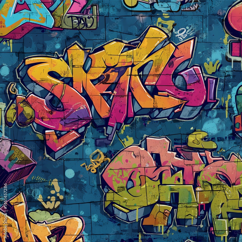 Colorful urban graffiti art on a textured wall background.