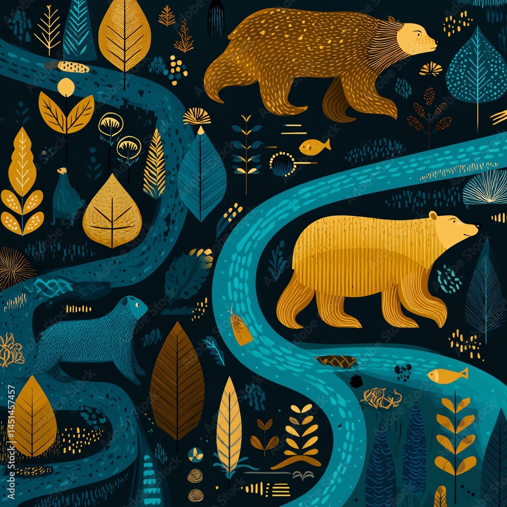 Colorful illustration of bears and nature with a flowing river and autumn leaves.