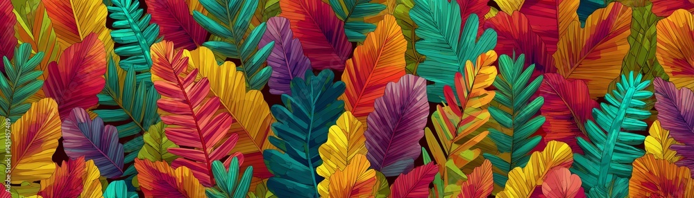 Colorful foliage arrangement on a vibrant backdrop.
