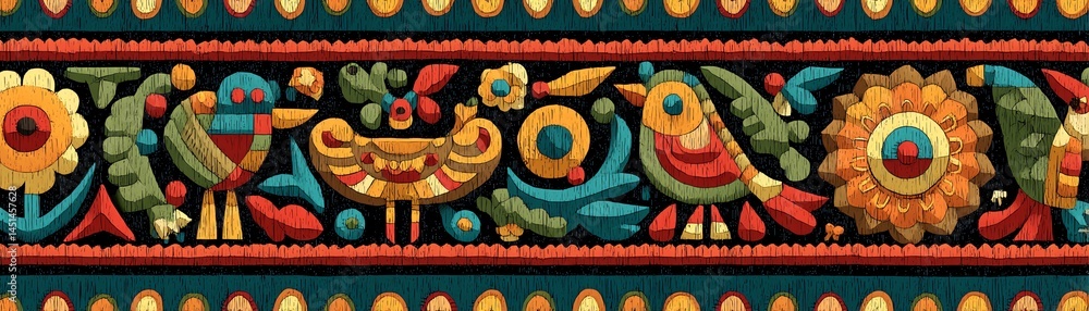 Colorful decorative pattern featuring birds and flowers on a dark background.