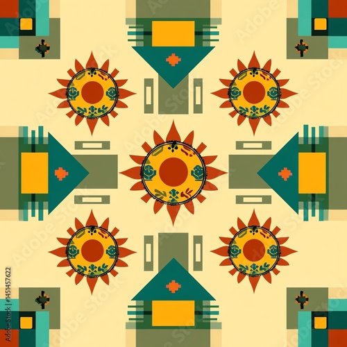 Obraz na płótnie Colorful geometric pattern with sun motifs on a textured background. w salonie