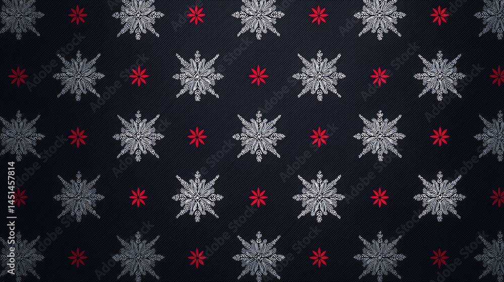 Decorative snowflake pattern on dark background with red accents.
