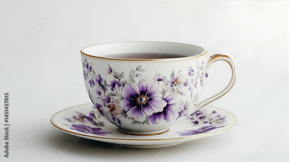 Fototapeta premium A delicate teacup and saucer with a floral pattern, filled with dark tea, sits on a white background. The purple and white flowers on the china add a touch of elegance.
