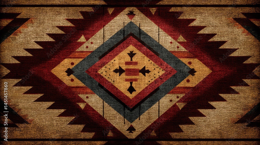 Colorful tribal pattern on textured background, intricate design, cultural significance.