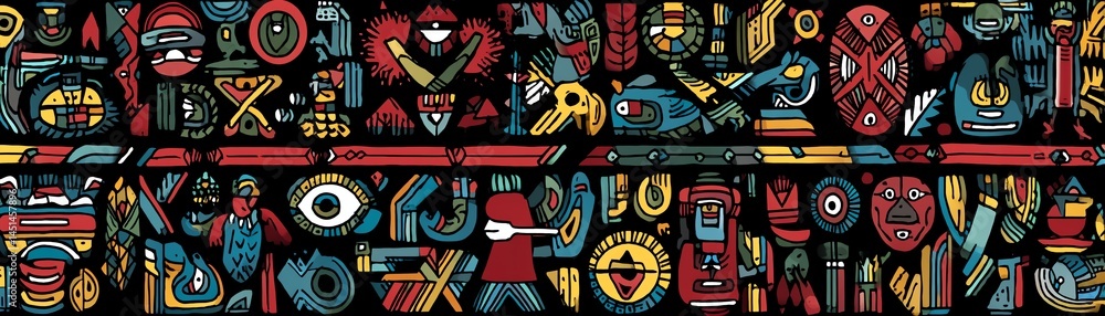 Colorful patterned graphic design with various abstract shapes and symbols.