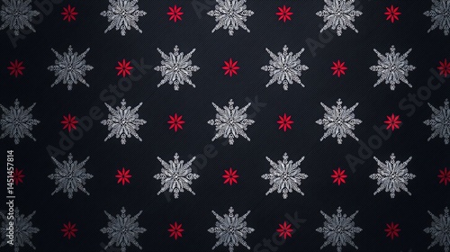 Obraz na płótnie Decorative snowflake pattern on dark background with red accents. w salonie