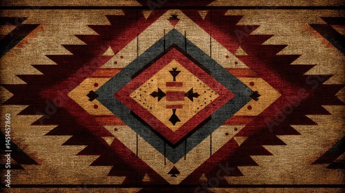 Colorful tribal pattern on textured background, intricate design, cultural significance.