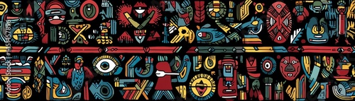 Obraz na płótnie Colorful patterned graphic design with various abstract shapes and symbols. w salonie