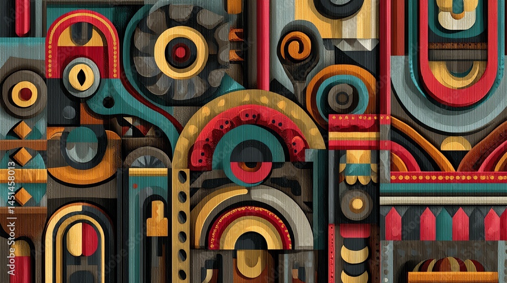 Colorful geometric abstract art with intricate patterns and shapes.