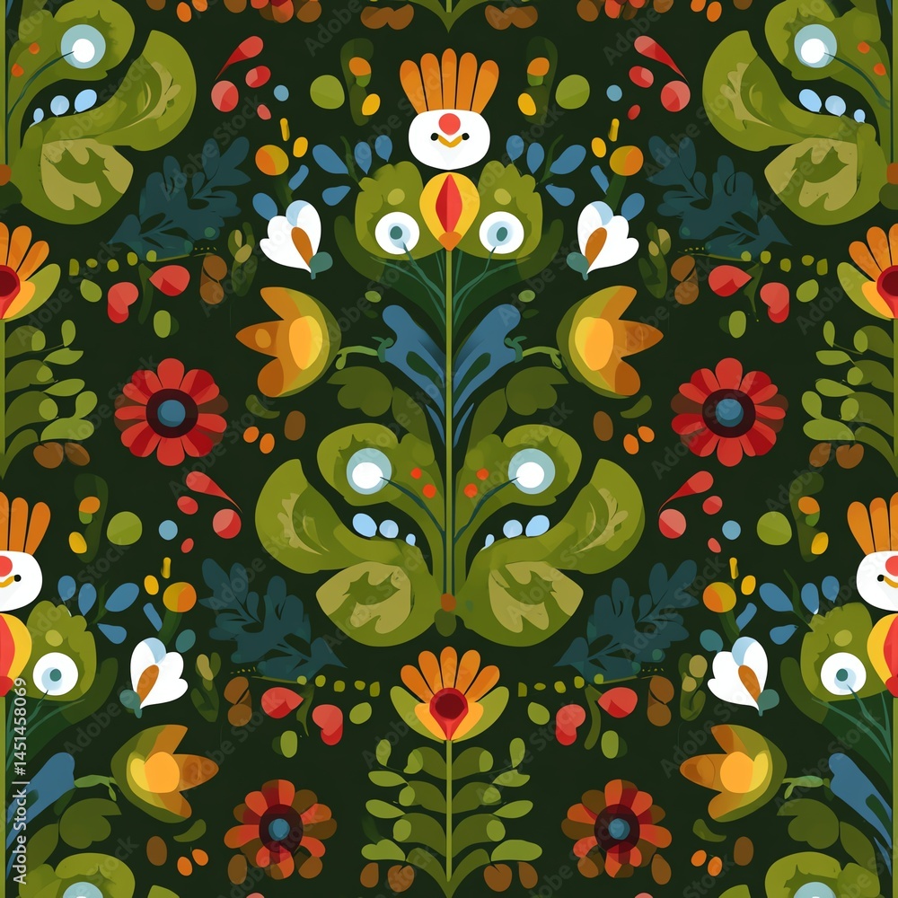 Colorful floral pattern with vibrant greens, reds, and yellows on a dark background.