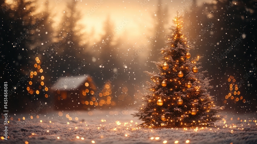 Obraz premium A beautiful winter landscape capturing a beautifully decorated Christmas tree surrounded by soft falling snow