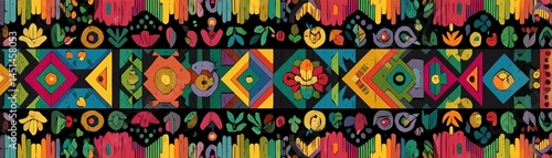 Colorful geometric pattern with vibrant flowers and decorative shapes.