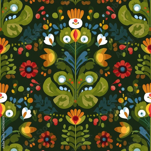 Obraz na płótnie Colorful floral pattern with vibrant greens, reds, and yellows on a dark background. w salonie